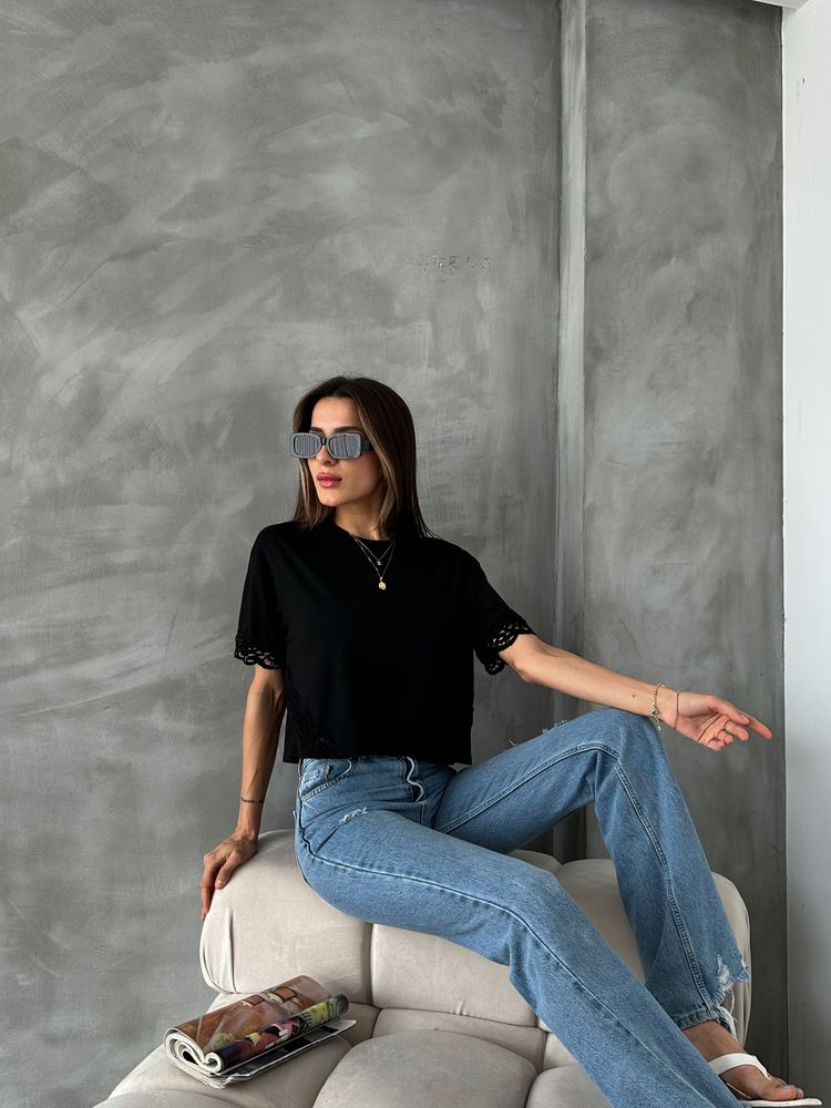 Topshow Siyah Dantel Detaylı Toptan Tişört