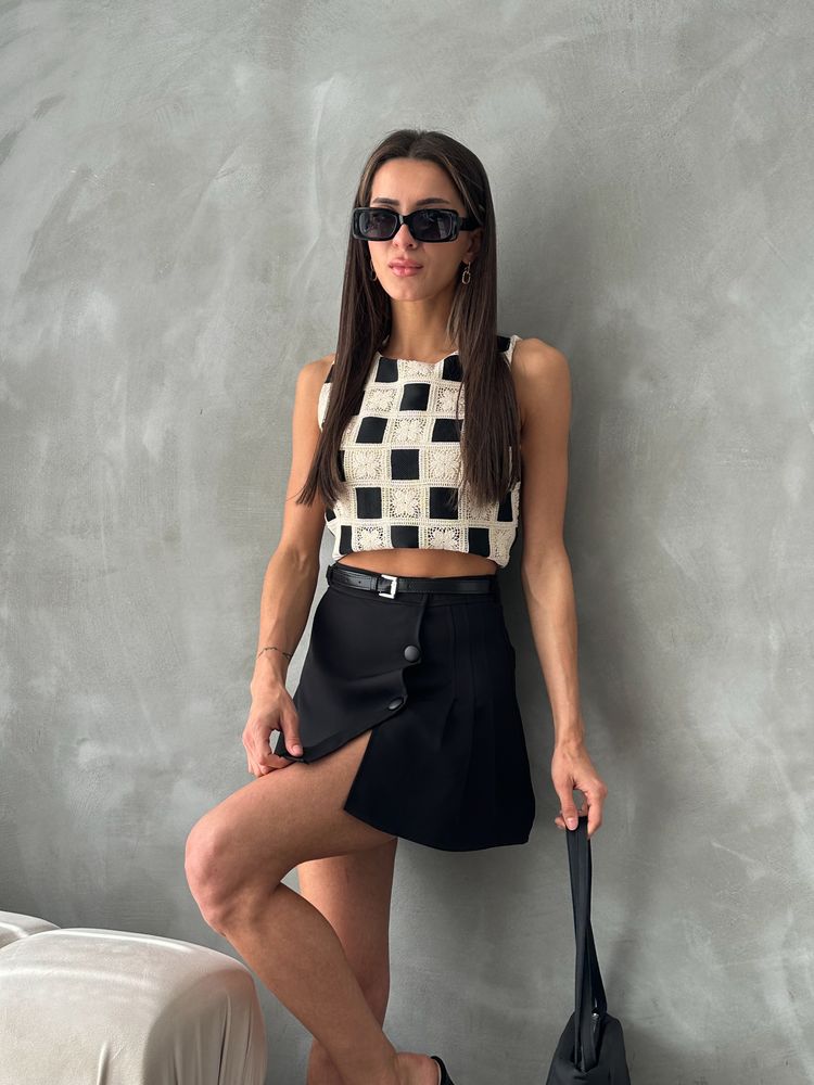 Topshow Siyah Dama Desen Tığ İşi Toptan Bluz