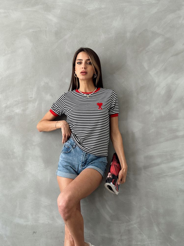 Topshow Siyah Kırmızı Nakışlı Çizgili Toptan Tişört