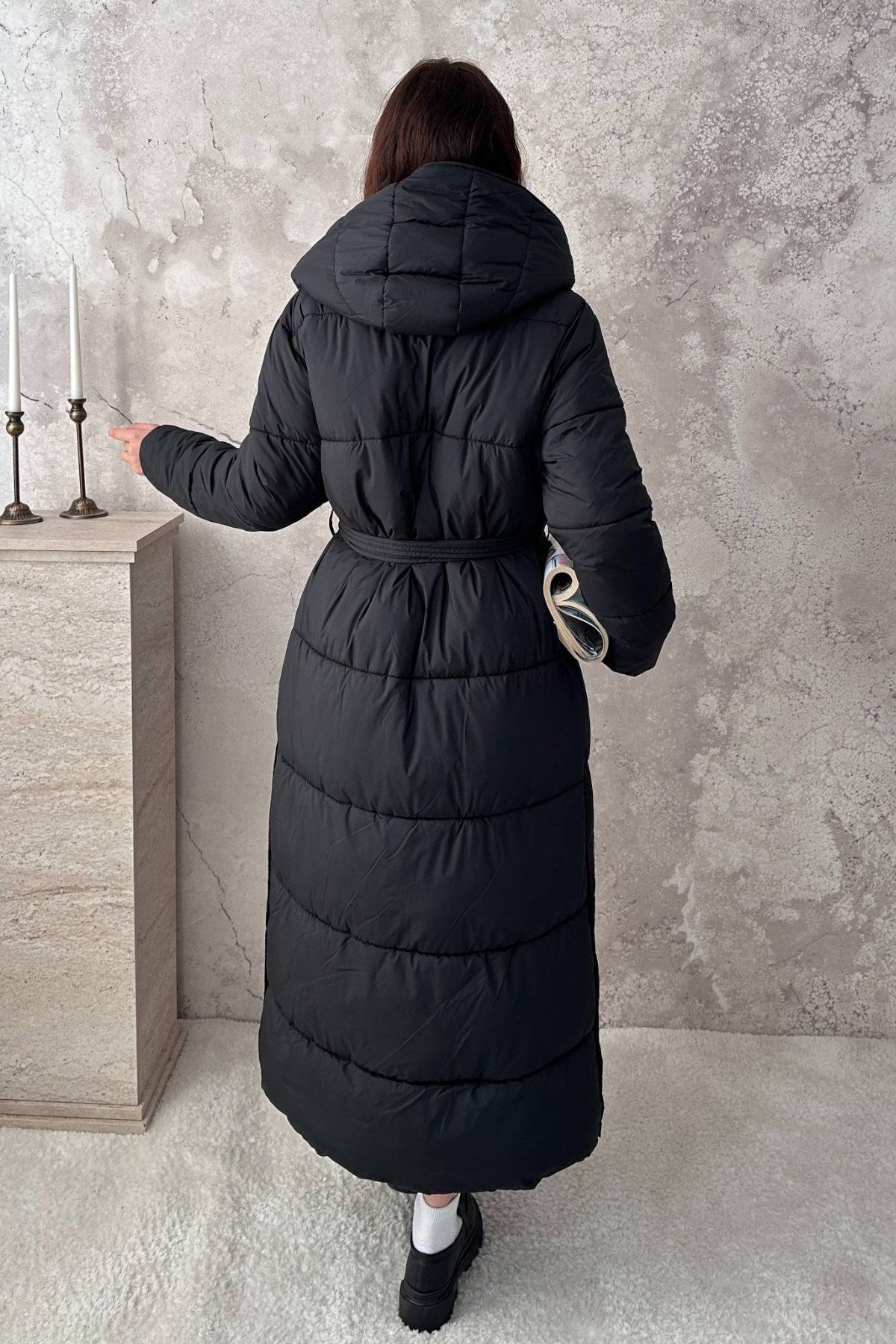Siyah Uzun Şişme Mont