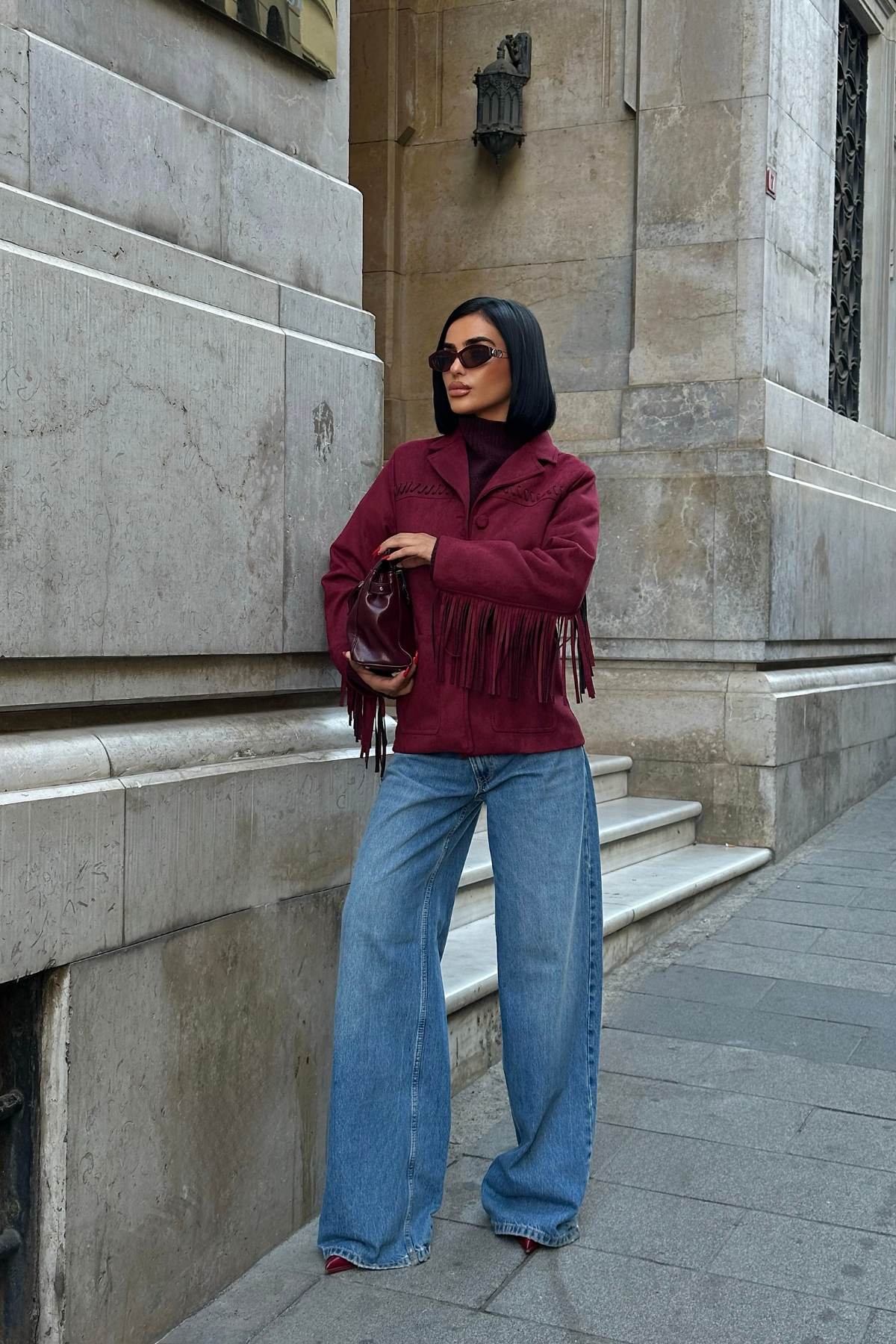 SÜET CEKET PÜSKÜLLÜ - Bordo