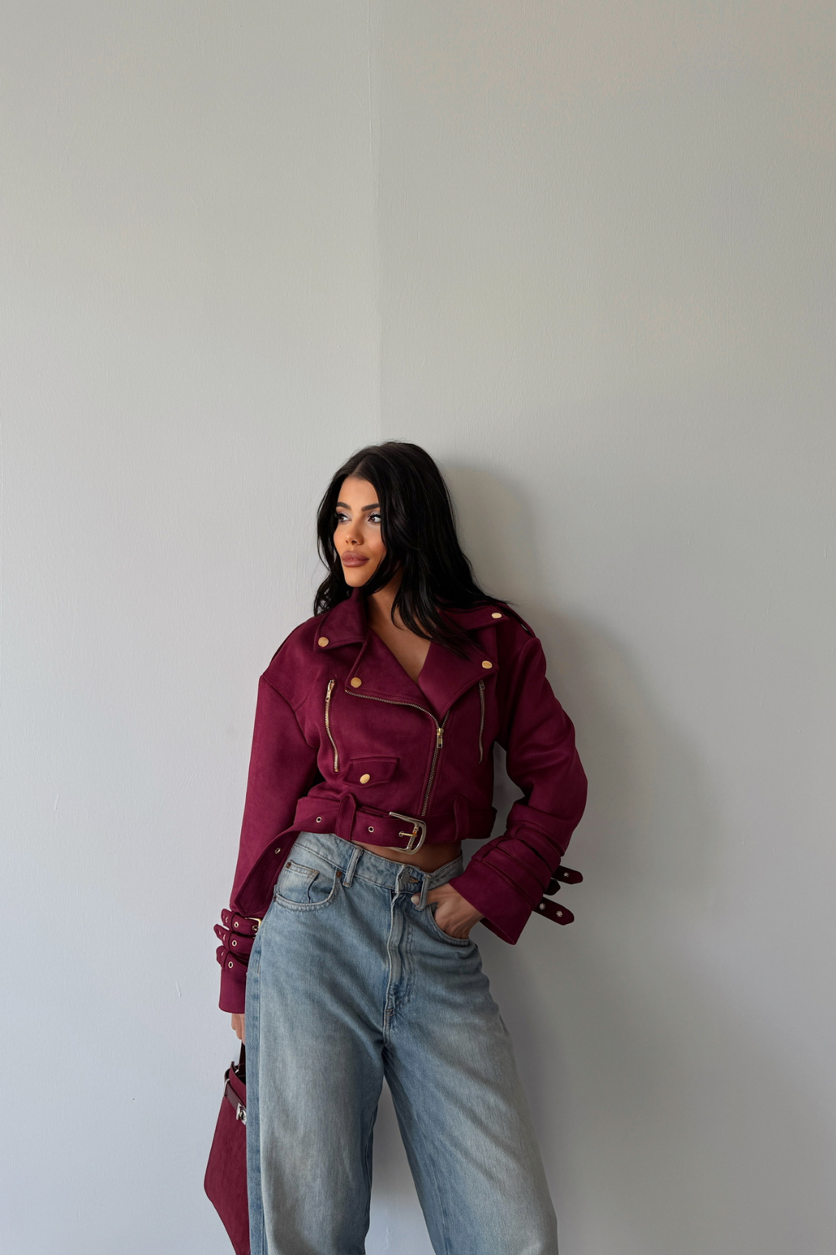 SÜET CROP CEKET KOL 3 KEMER DETAYLI - Bordo