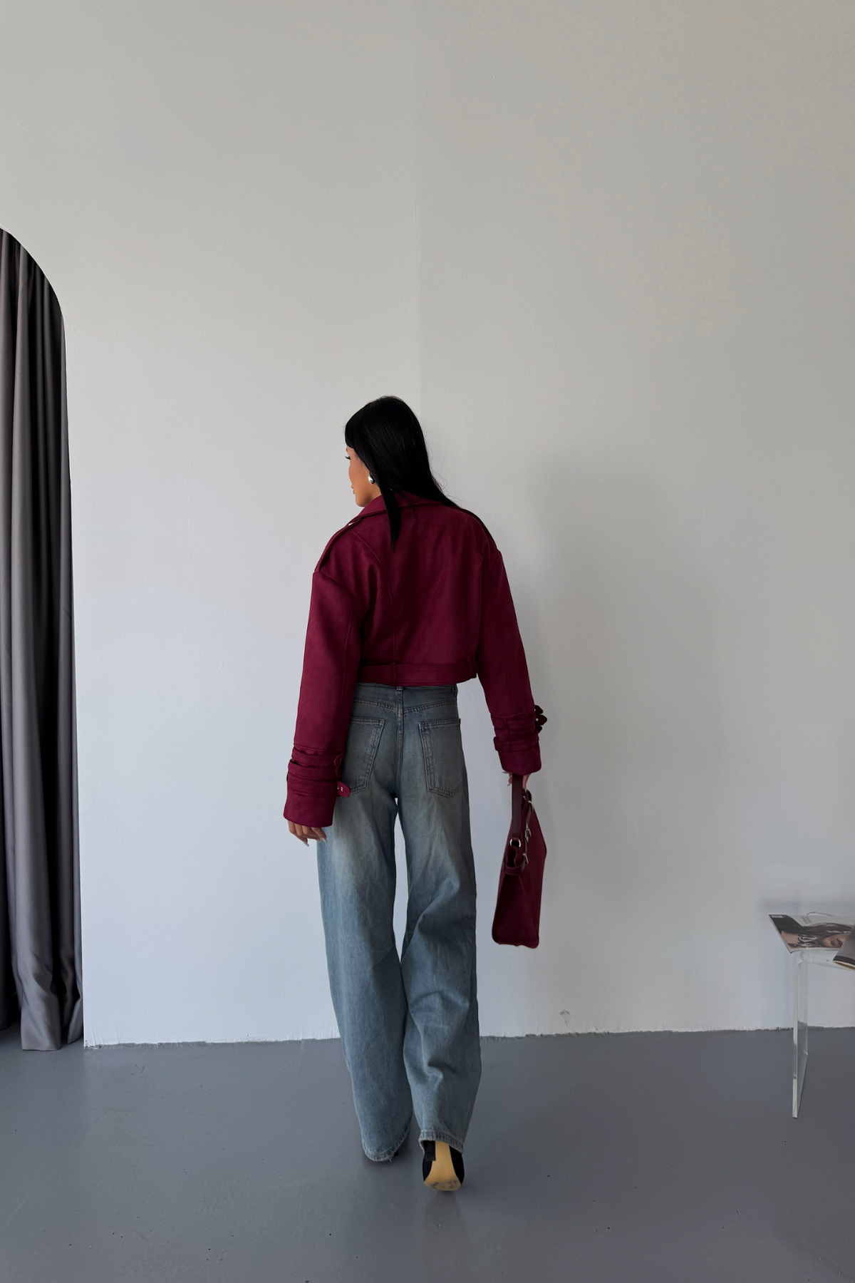 SÜET CROP CEKET KOL 3 KEMER DETAYLI - Bordo