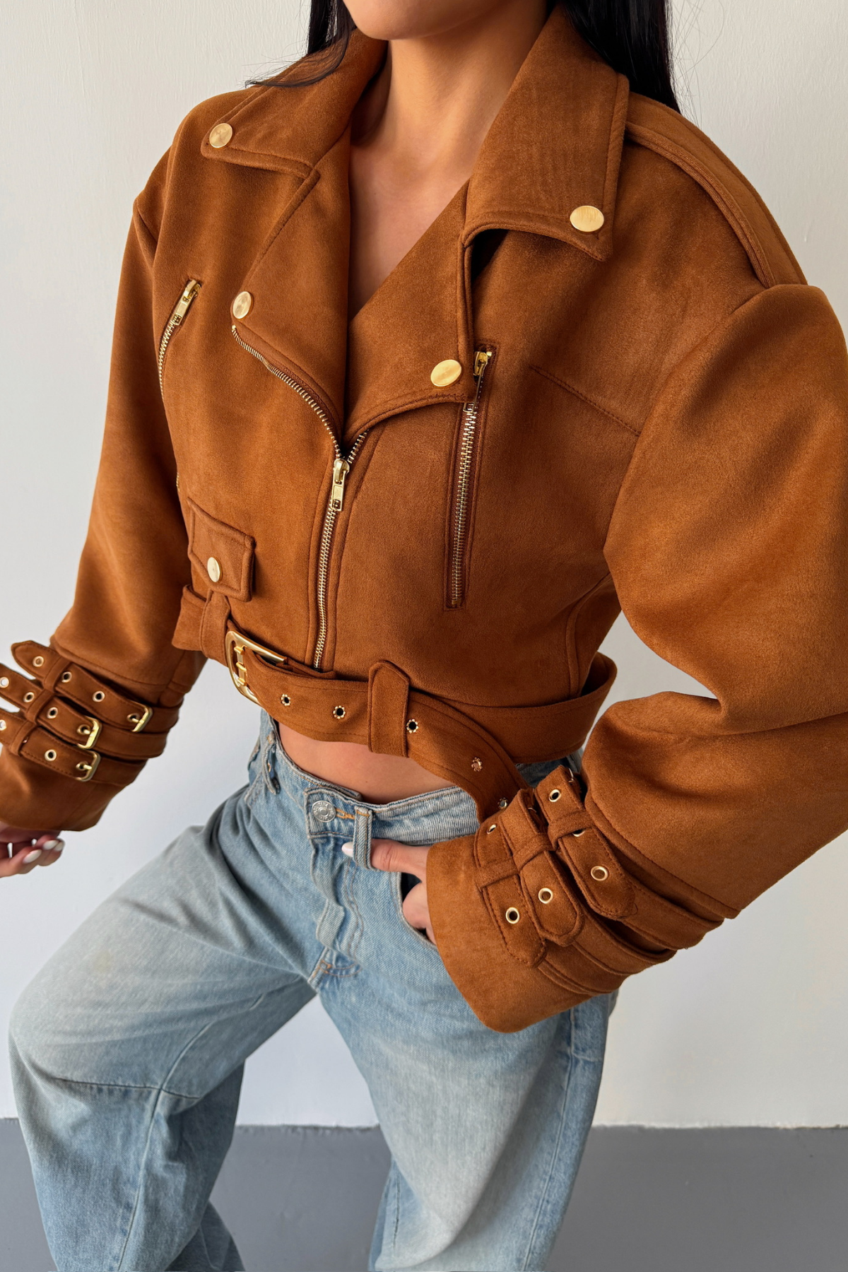 SÜET CROP CEKET KOL 3 KEMER DETAYLI - Taba