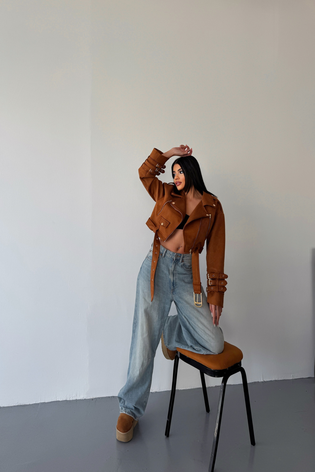 SÜET CROP CEKET KOL 3 KEMER DETAYLI - Taba