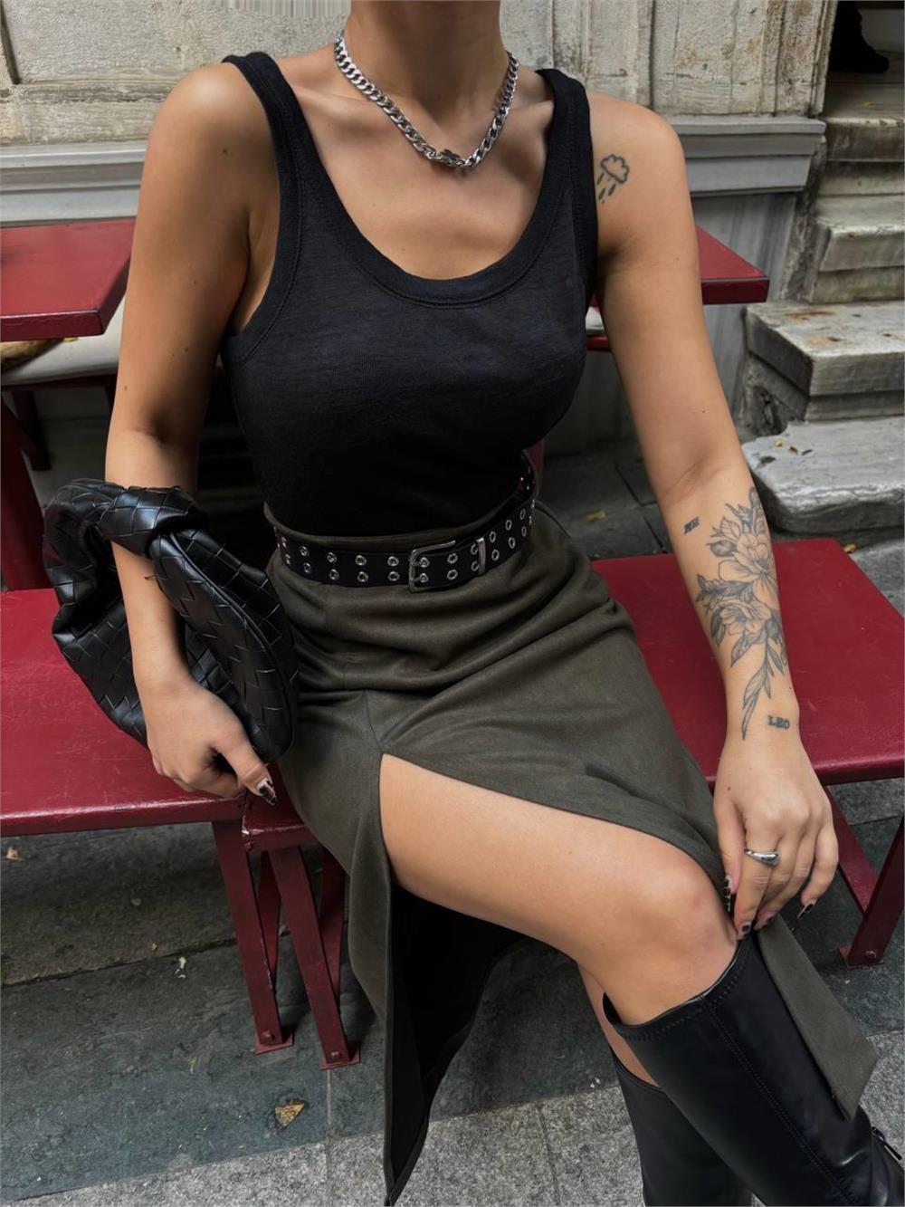 SÜET KALEM ETEK YIRTMAÇ DETAYLI - Haki