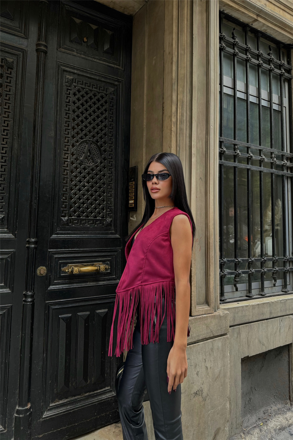 SÜET PÜSKÜLLÜ YELEK - Bordo