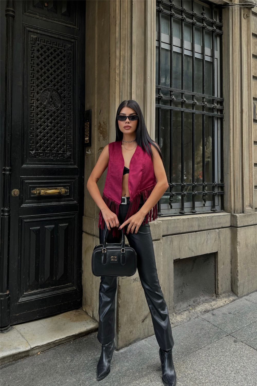 SÜET PÜSKÜLLÜ YELEK - Bordo