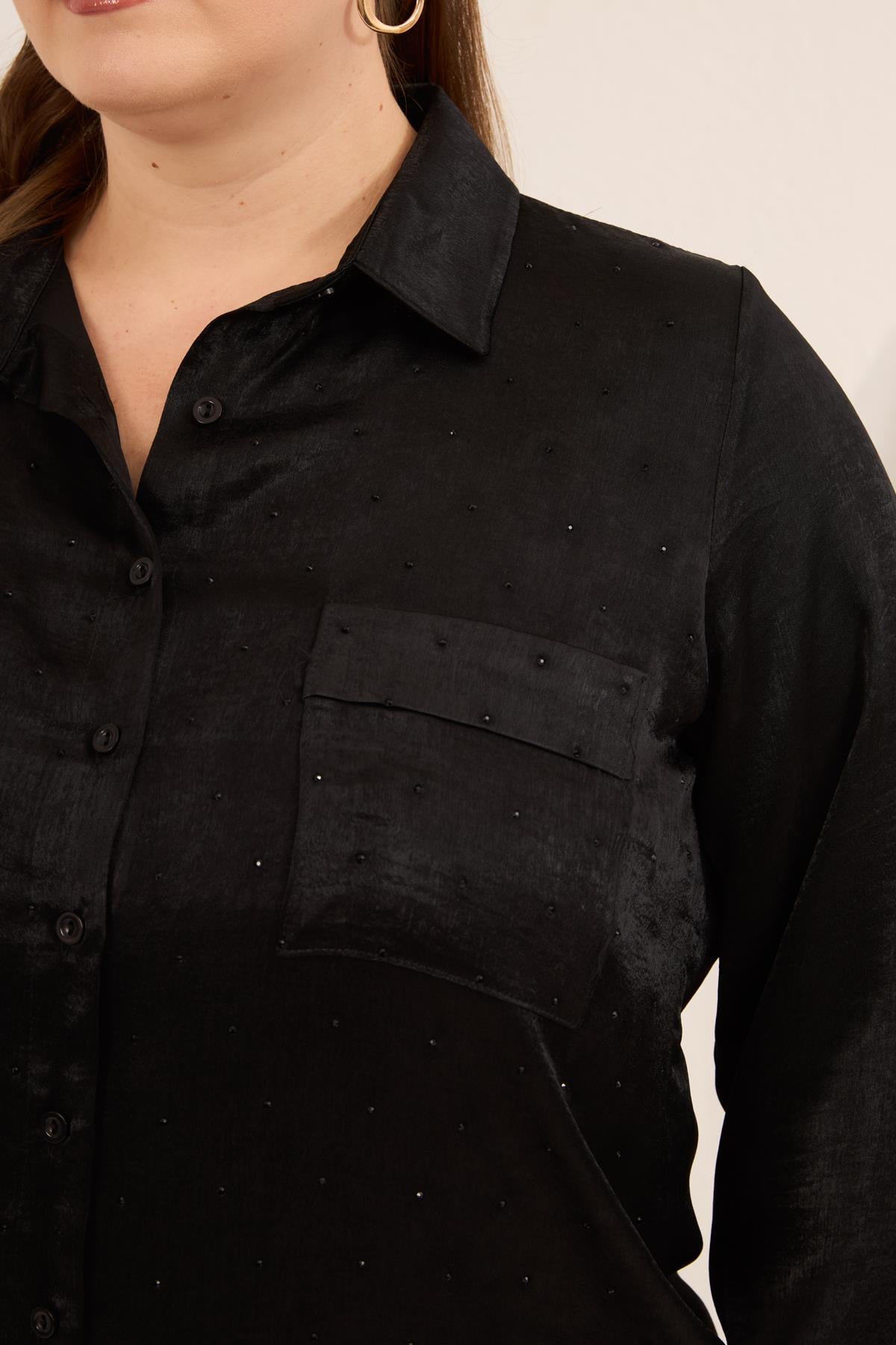 Women's Plus Size Stone Print Satin Shirt Black