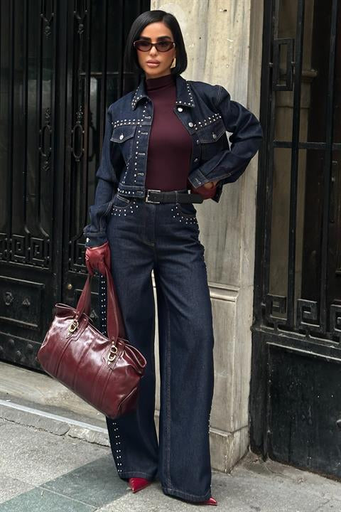 Taş Detaylı Ceket Pantolon Denim Takım 10277 LACİVERT L