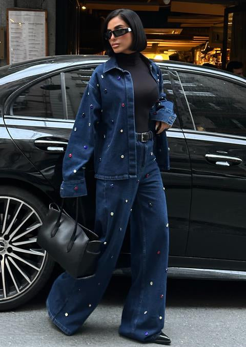 Taş Detaylı Denim Takım – Oversize Ceket 10278-08 MAVİ L