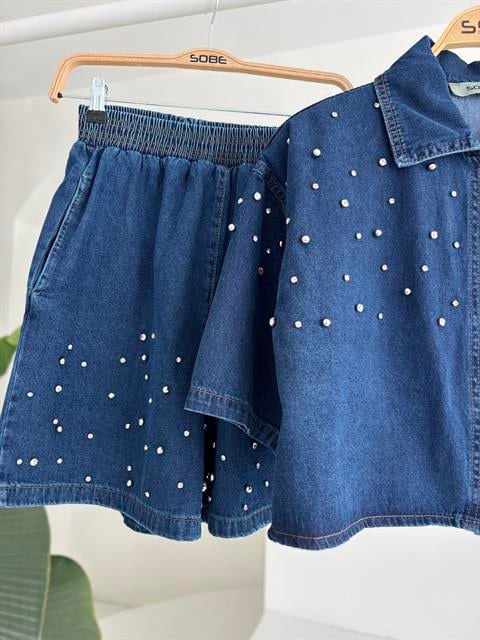 Taş Detaylı Gömlek Şort Denim Takım 10175