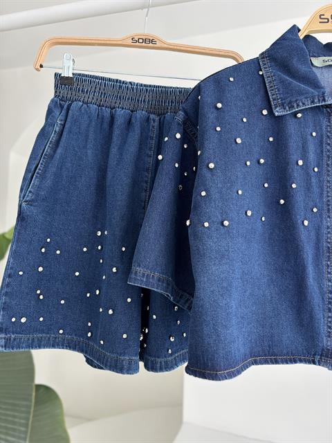 Taş Detaylı Gömlek Şort Denim Takım 10175