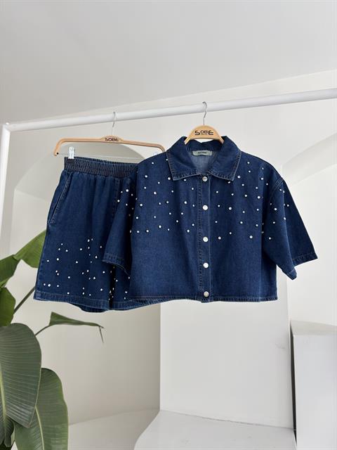 Taş Detaylı Gömlek Şort Denim Takım 10175
