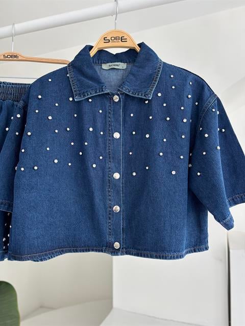 Taş Detaylı Gömlek Şort Denim Takım 10175
