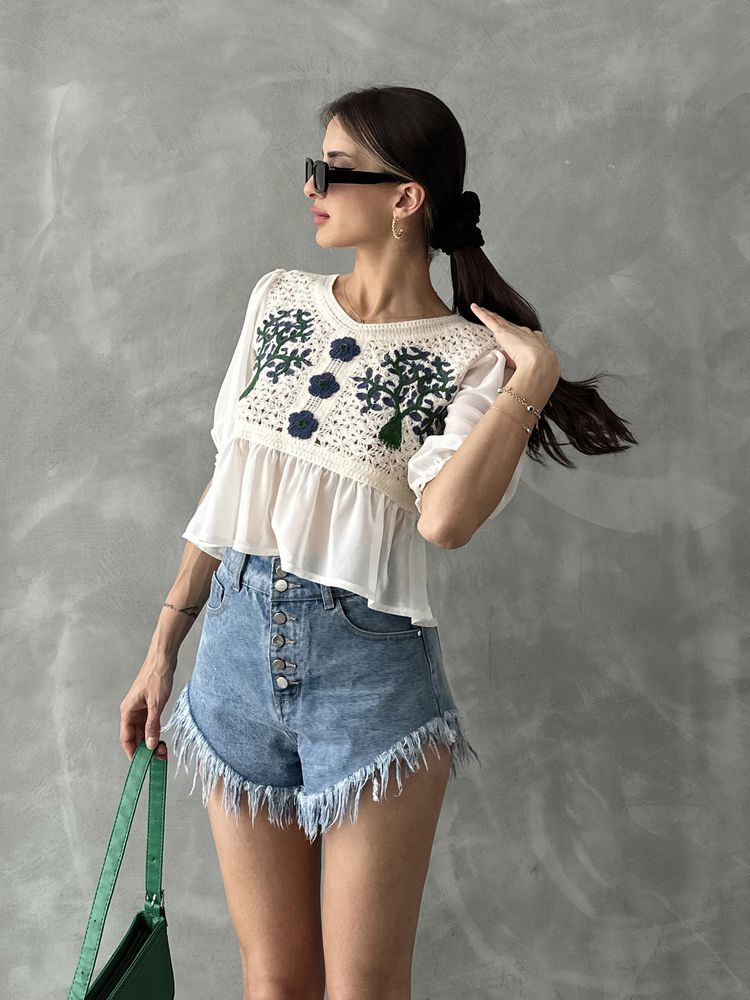Topshow Taş Saks Nakışlı Toptan Bluz