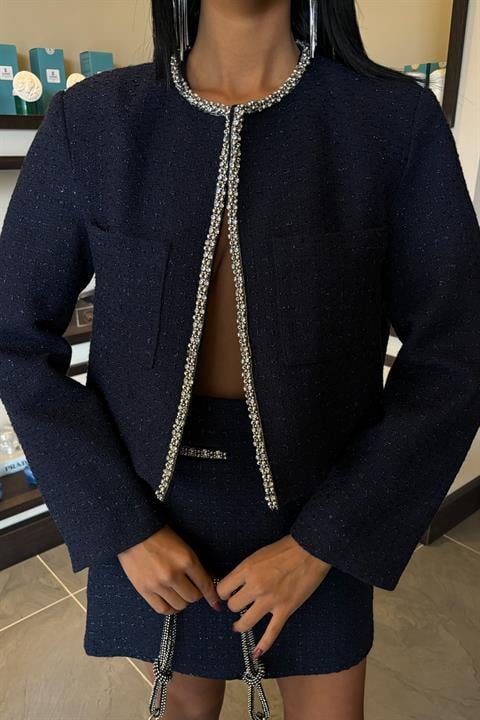 Taş Şerit Detaylı, Simli Chanel Takım 10050