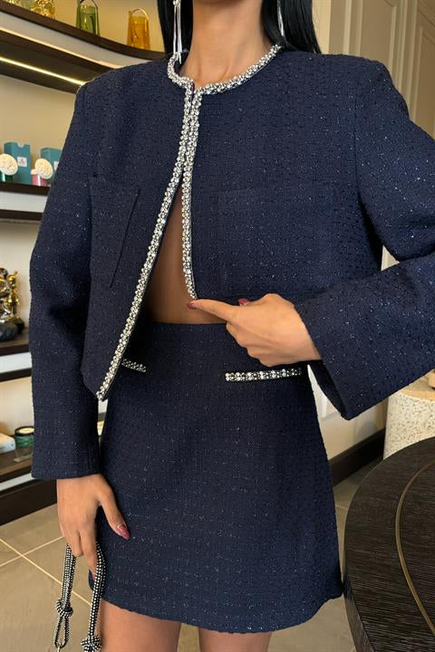 Taş Şerit Detaylı, Simli Chanel Takım 10050