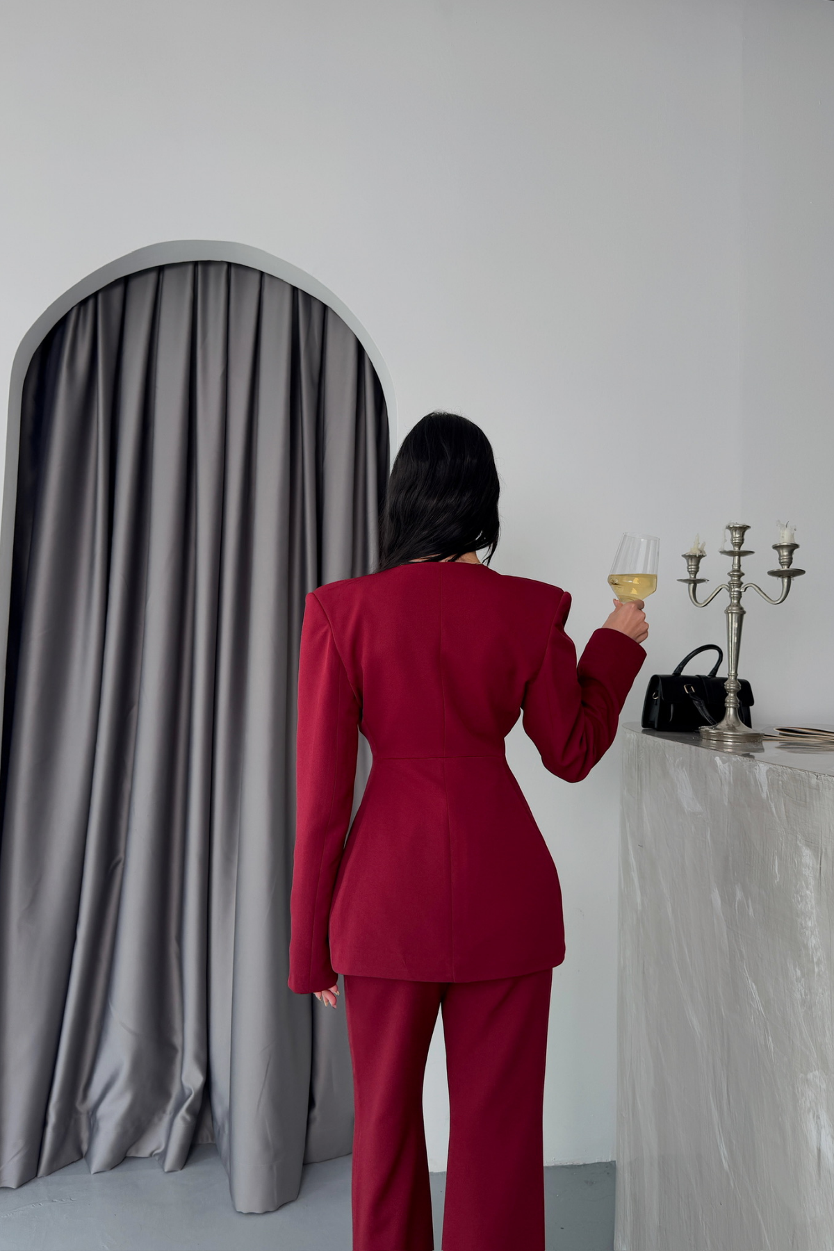 TASARIM CEKET-PANTOLON TAKIM METAL DÜĞME DETAYLI - Bordo