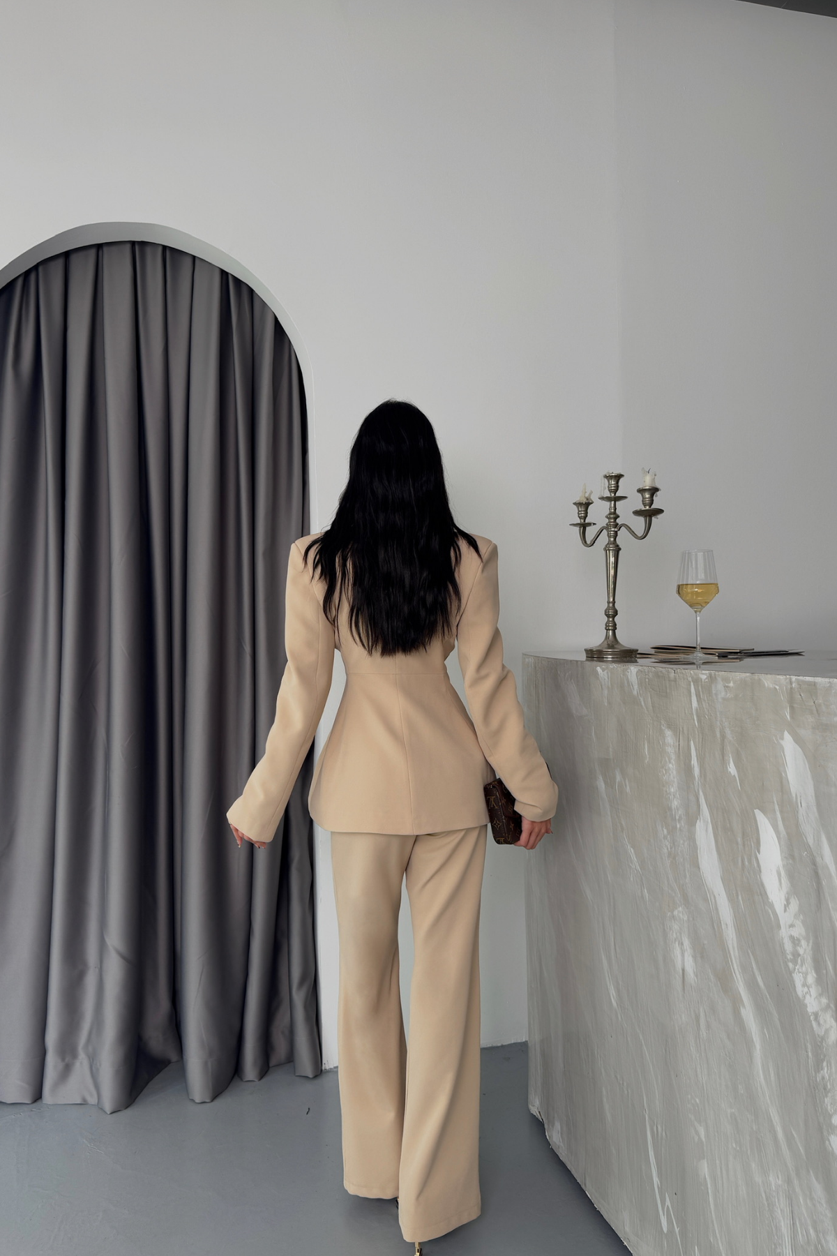 TASARIM CEKET-PANTOLON TAKIM METAL DÜĞME DETAYLI - Bej