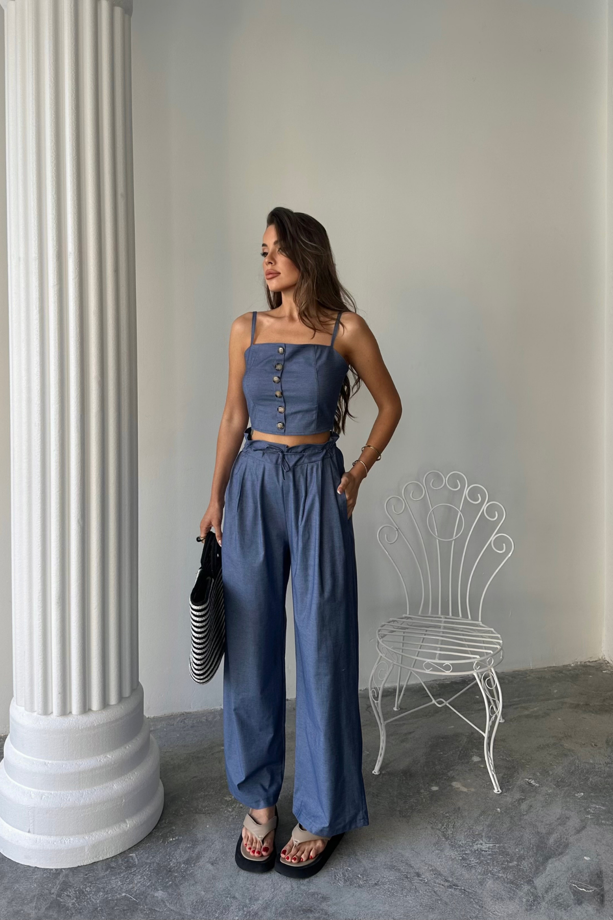 TENCEL CROP ASKILI BLUZ - ŞALVAR PANTOLON TK - İndigo