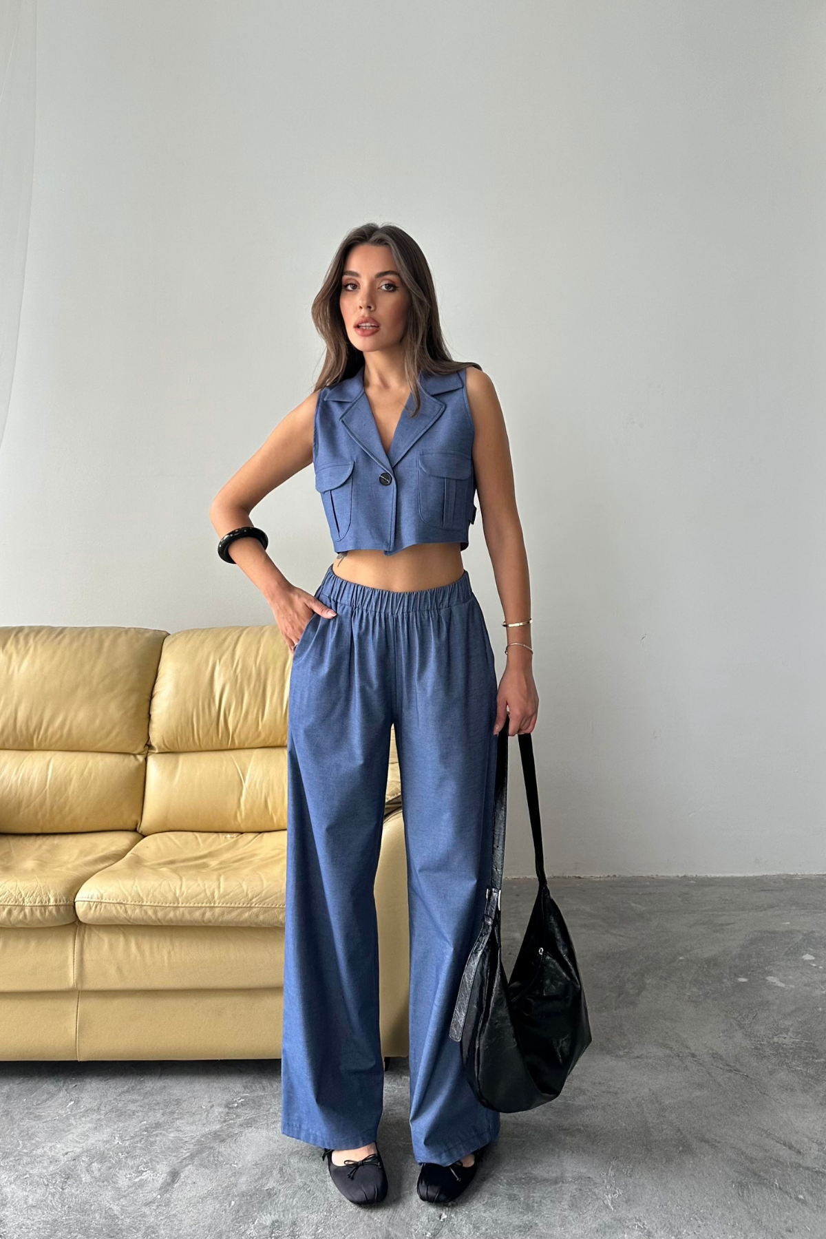 TENCEL CROP KOLSUZ GÖMLEK - PANTOLON TAKIM - İndigo