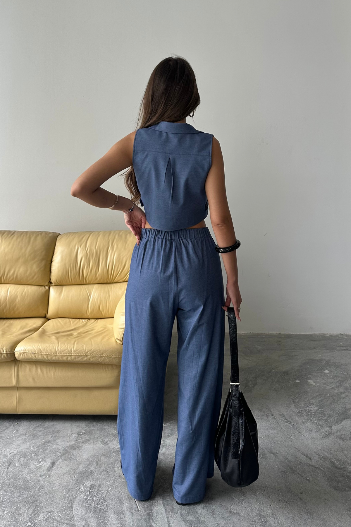 TENCEL CROP KOLSUZ GÖMLEK - PANTOLON TAKIM - İndigo