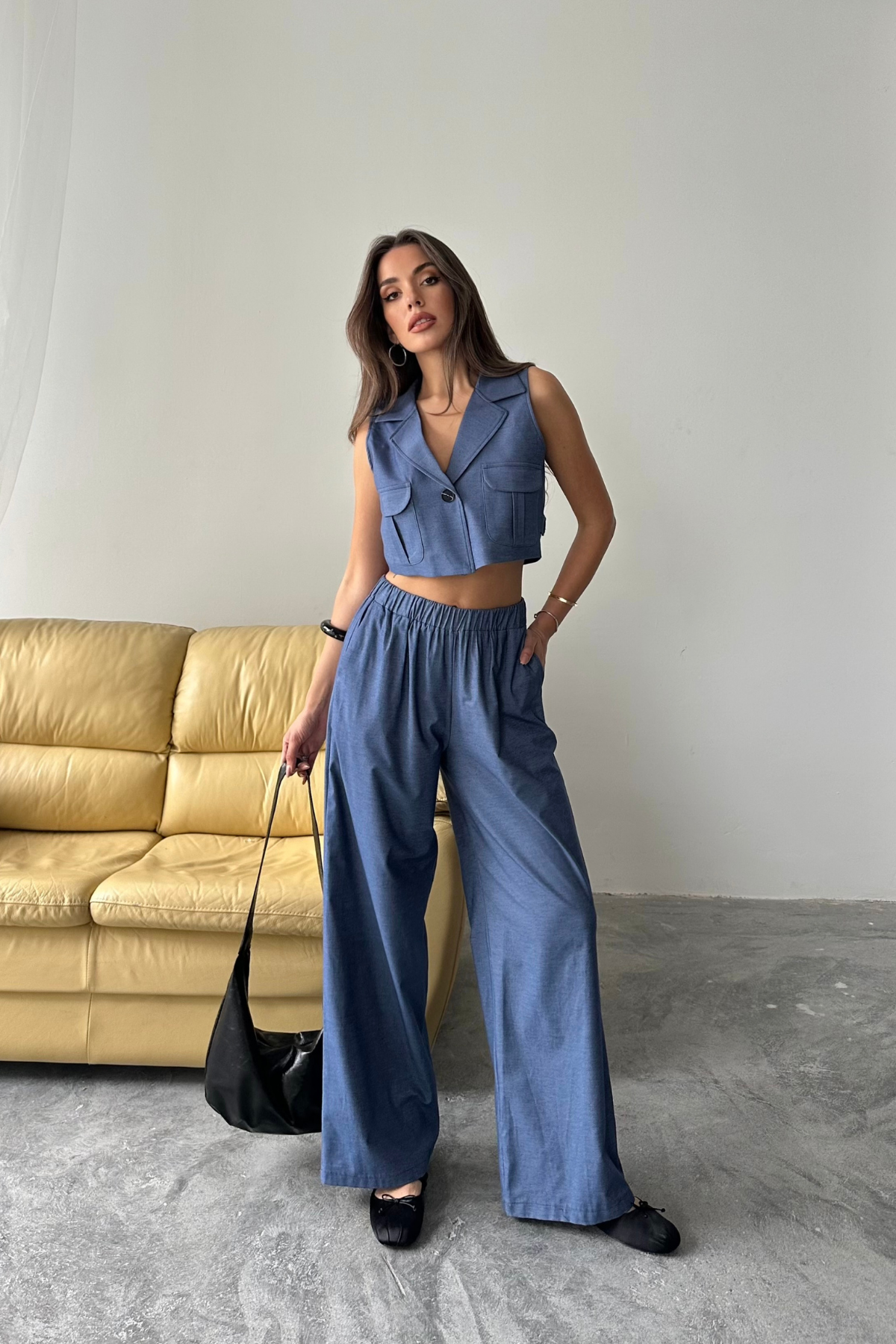 TENCEL CROP KOLSUZ GÖMLEK - PANTOLON TAKIM - İndigo