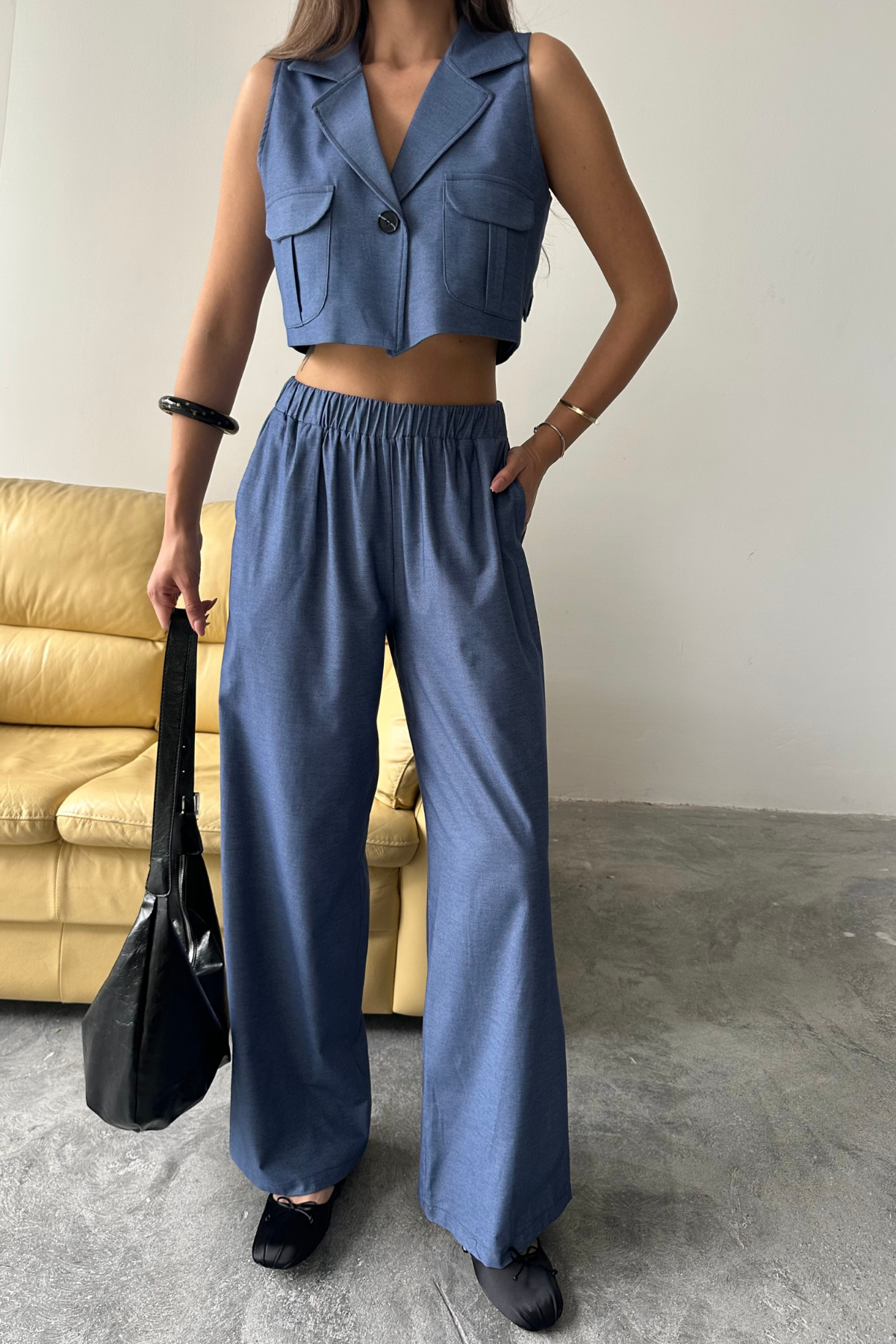 TENCEL CROP KOLSUZ GÖMLEK - PANTOLON TAKIM - İndigo