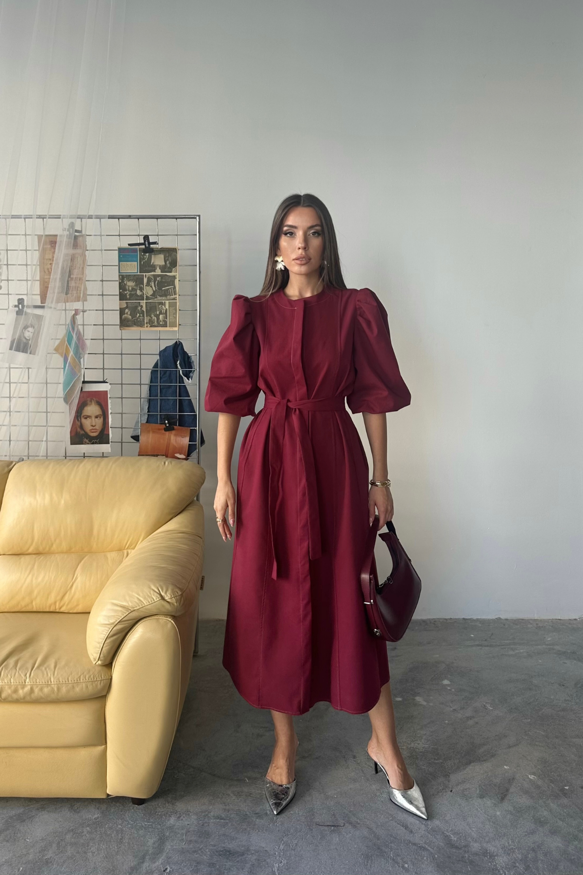 TENCEL KARPUZ KOL ELBİSE - Bordo