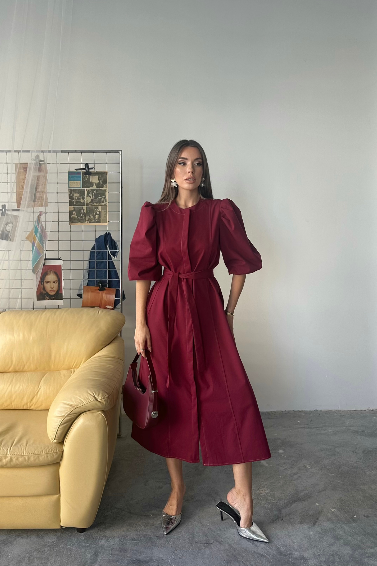 TENCEL KARPUZ KOL ELBİSE - Bordo