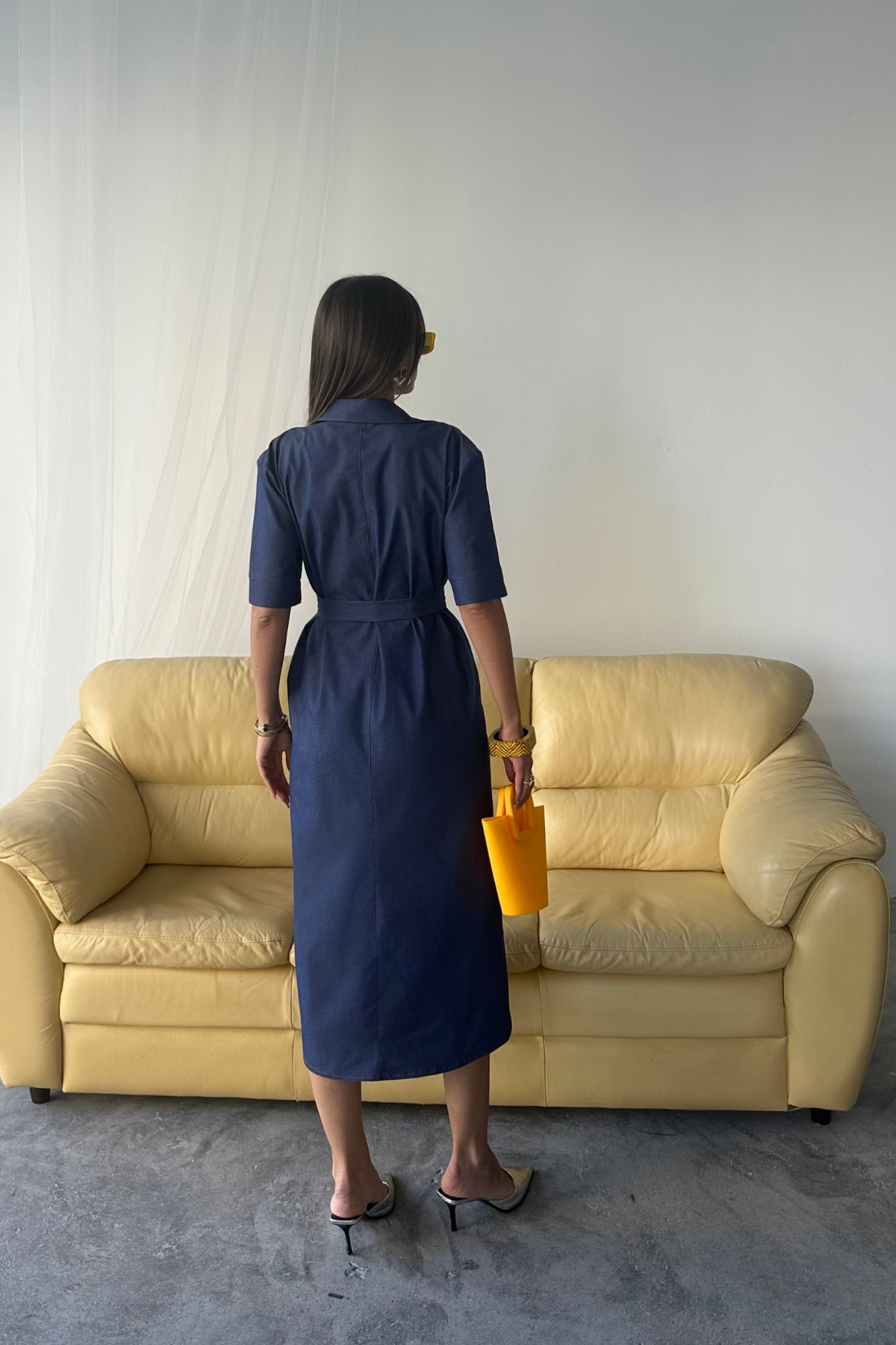 TENCEL ÖNDEN DÜĞMELİ KISA KOL ELBİSE - Mavi