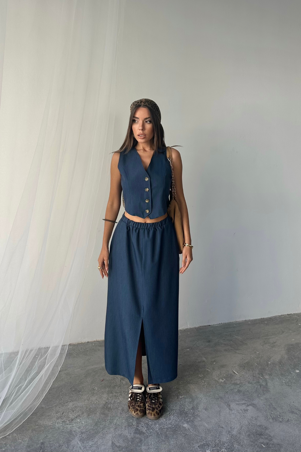 TENCEL YELEK - YIRTMAÇLI ETEK TAKIM - İndigo