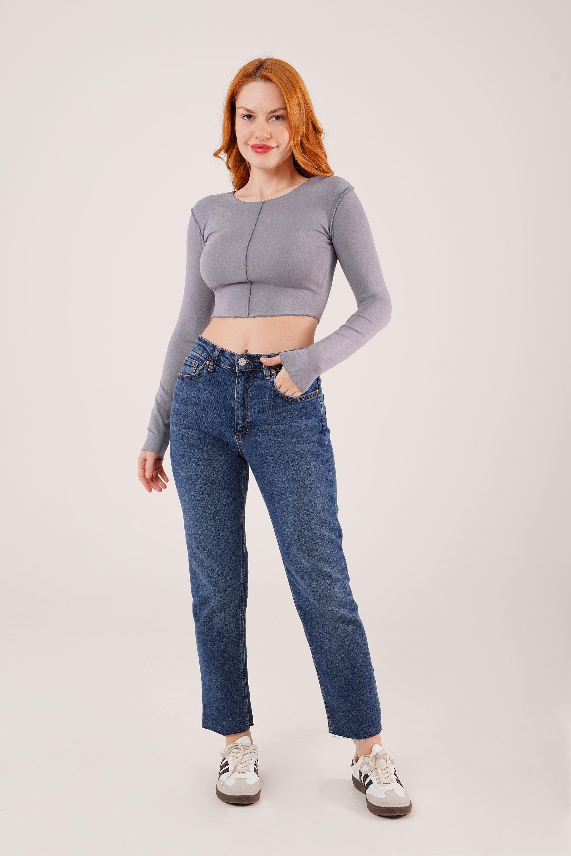 Ters Dikişli Basic Toptan Antrasit Body Bluz