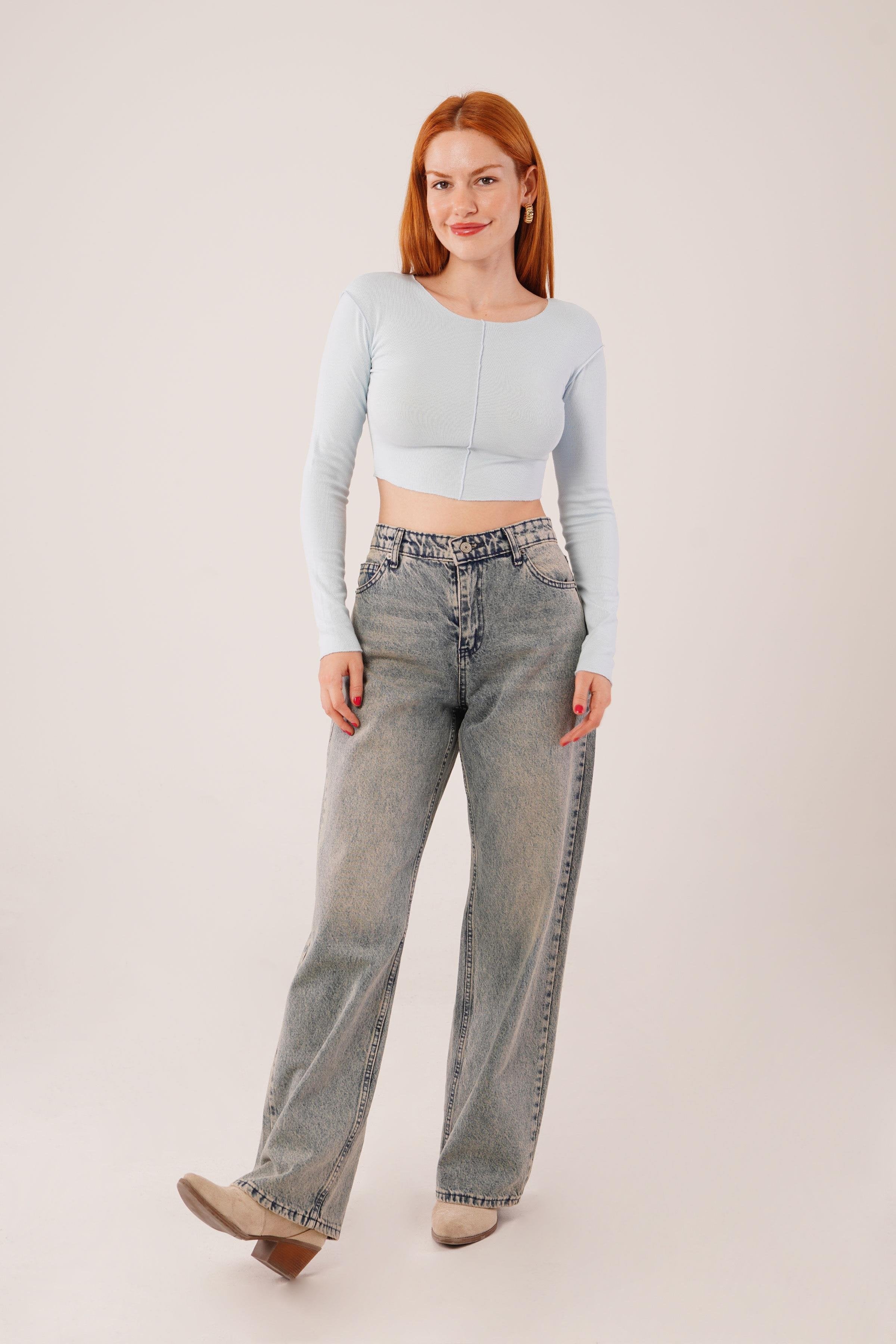 Ters Dikişli Basic Toptan Bebe Mavisi Body Bluz