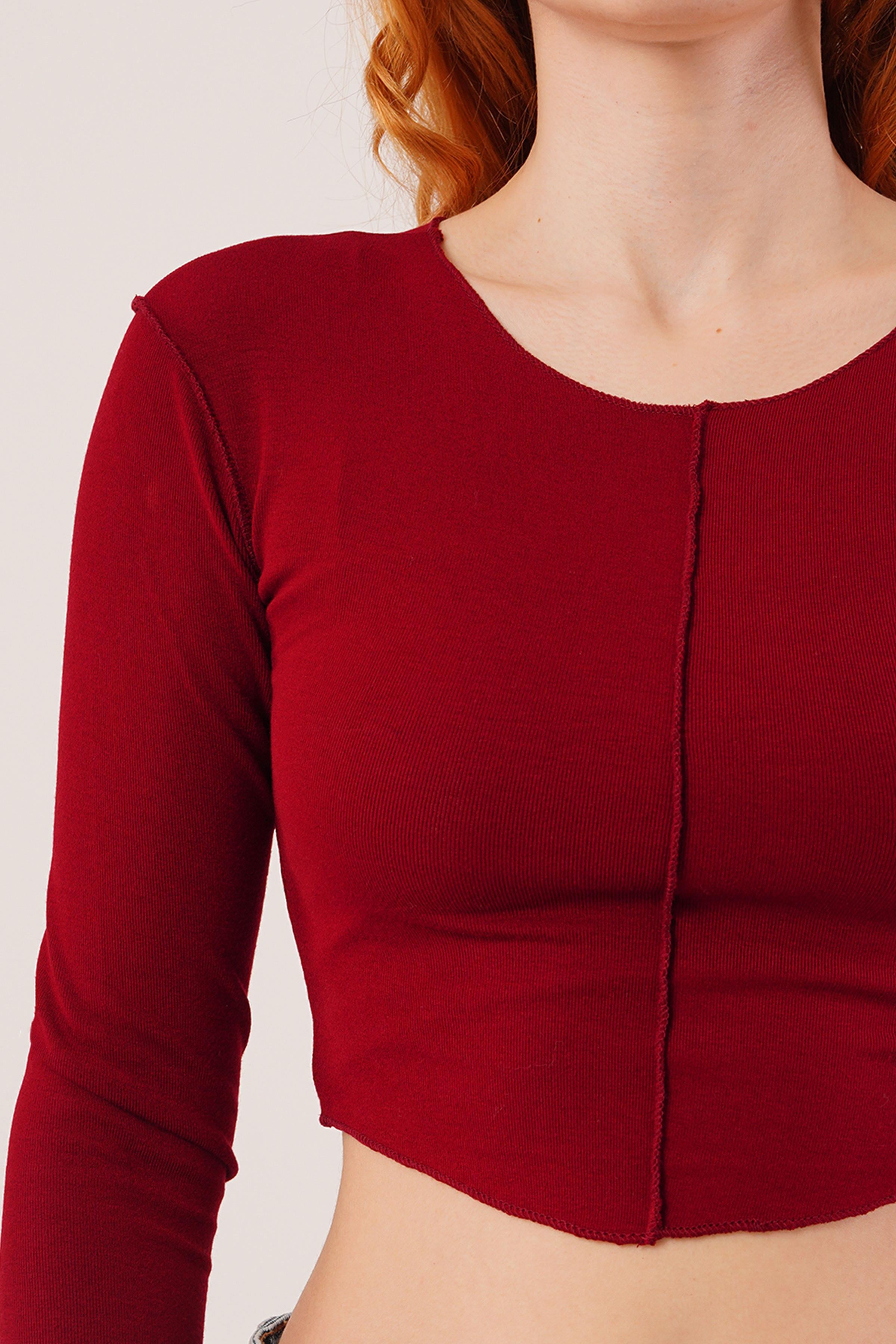 Ters Dikişli Basic Toptan Bordo Body Bluz
