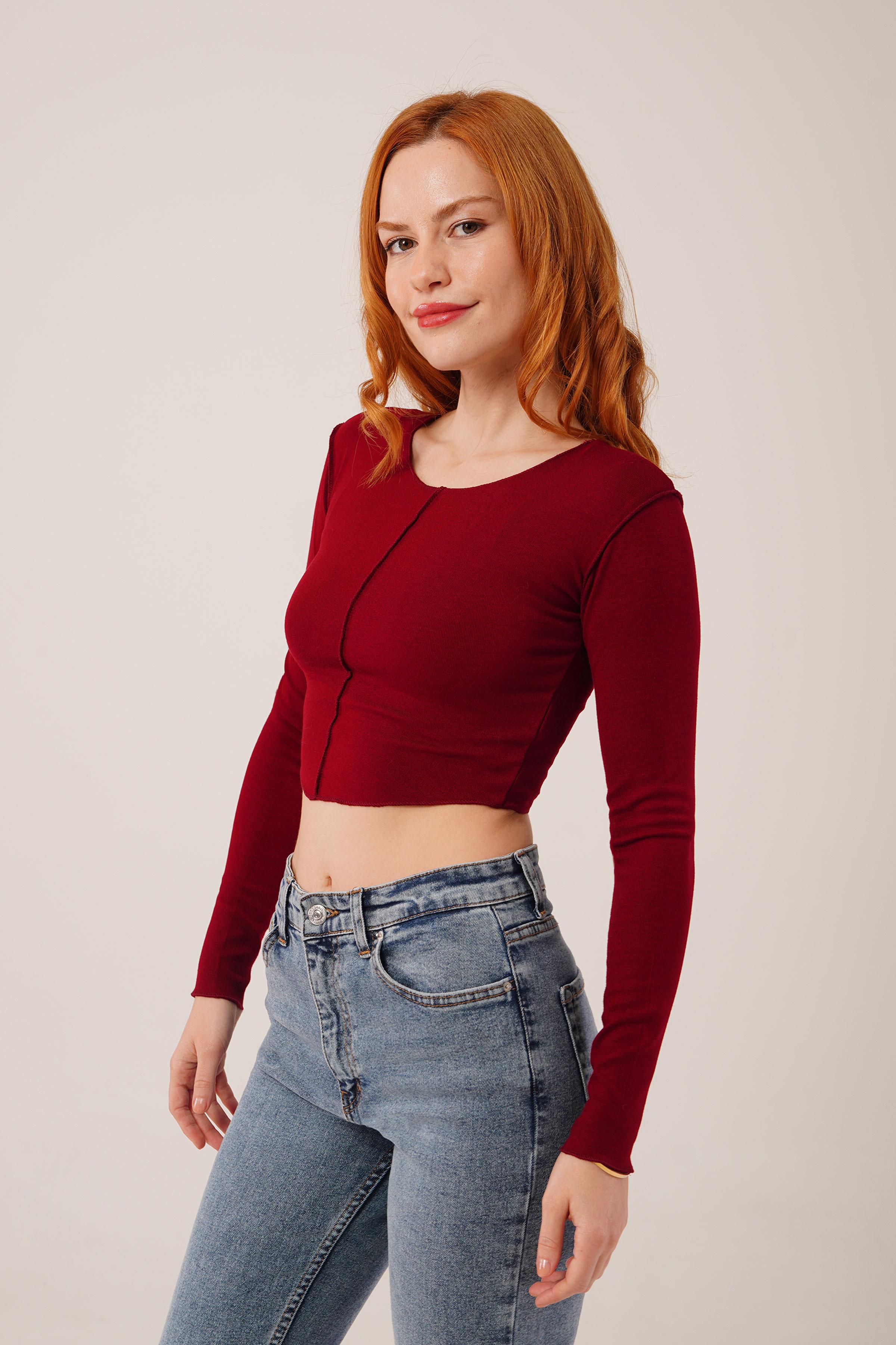 Ters Dikişli Basic Toptan Bordo Body Bluz