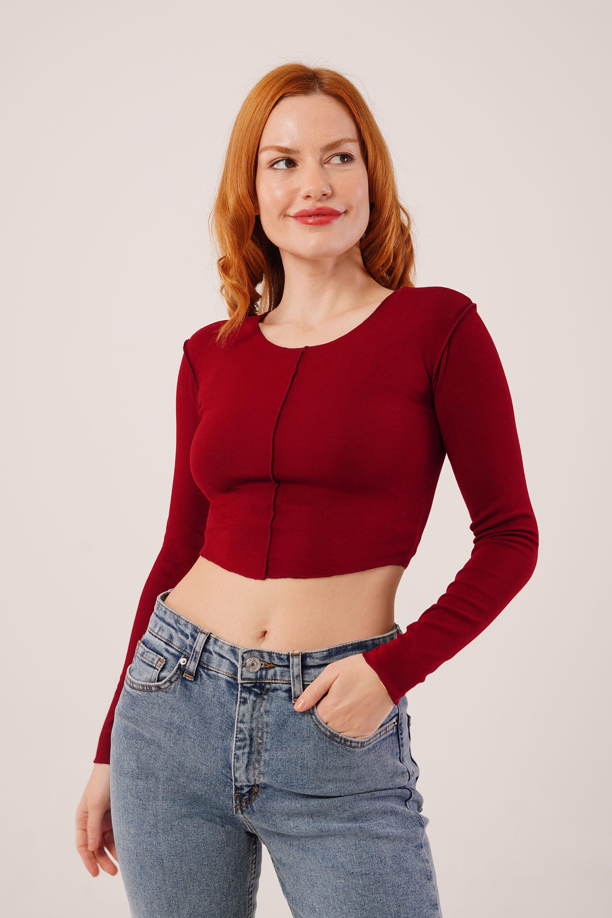 Ters Dikişli Basic Toptan Bordo Body Bluz