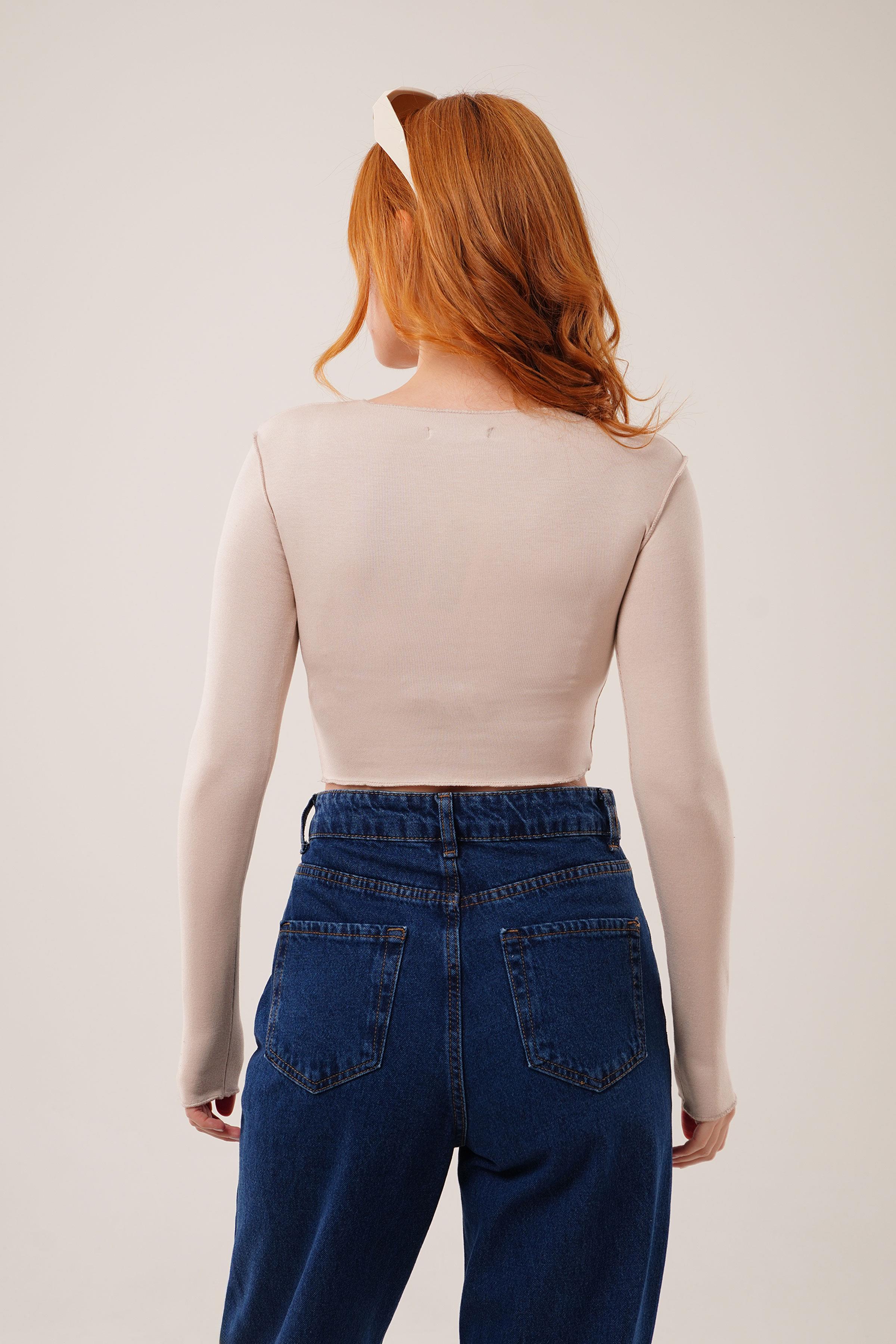 Ters Dikişli Basic Toptan Krem Body Bluz