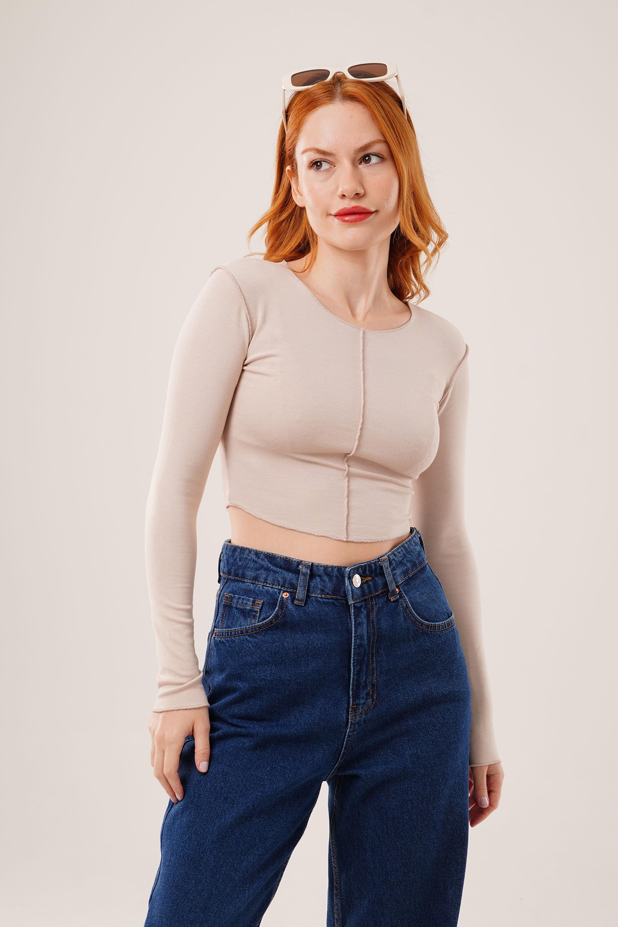 Ters Dikişli Basic Toptan Krem Body Bluz
