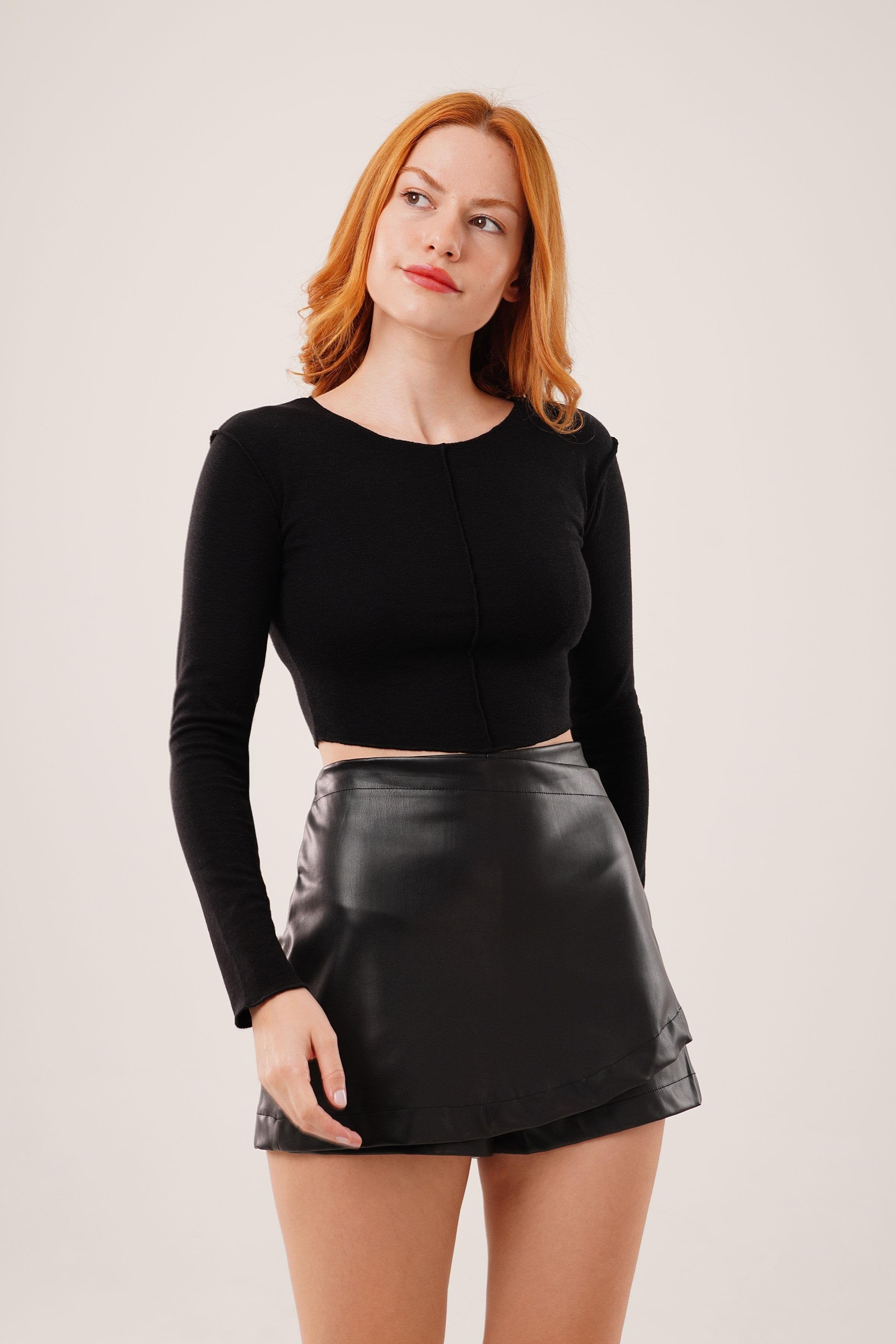 Ters Dikişli Basic Toptan Siyah Body Bluz