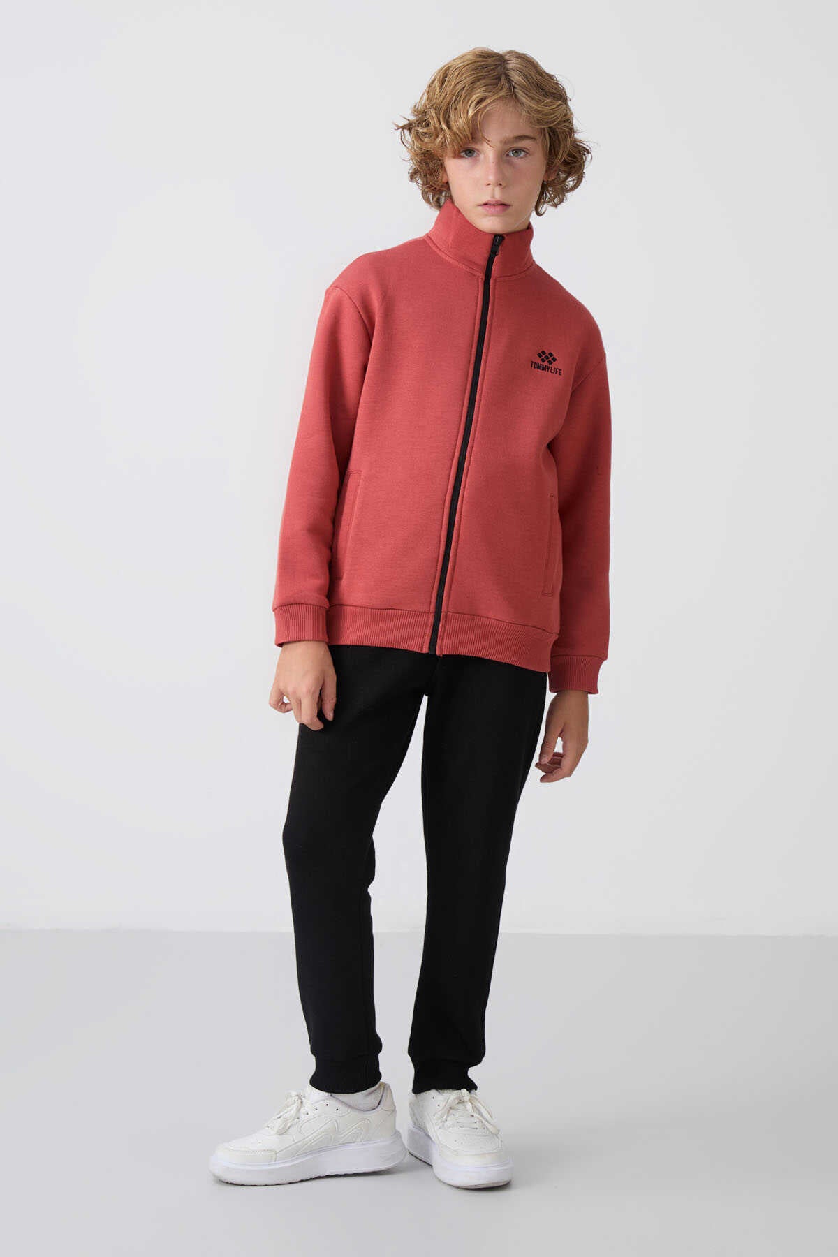Tommylife Toptan 7-15 Yaş Dik Yaka Erkek Çocuk Eşofman Takımı 11256 Kiremit - Siyah