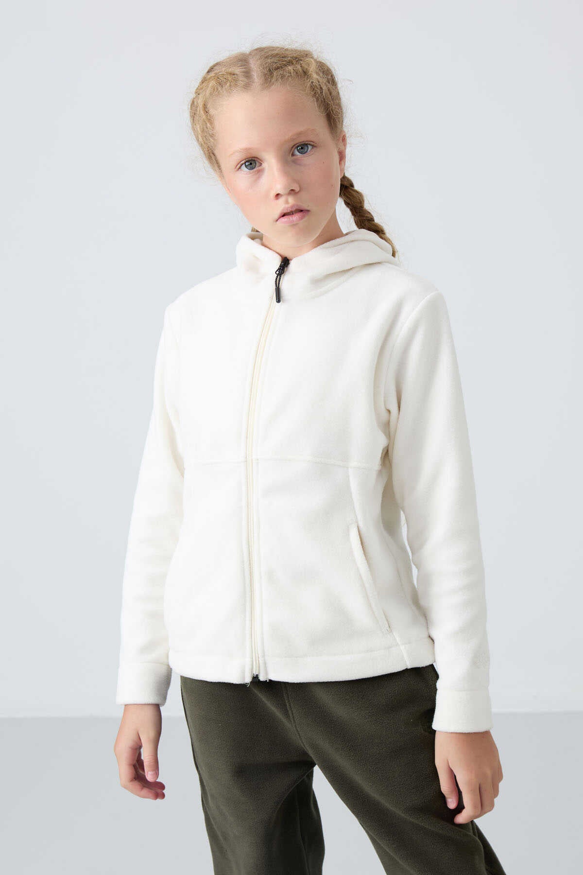 Tommylife Wholesale 7-15 Age Hooded Regular Fit Girls' Fleece Sweatshirt 75152 Khaki