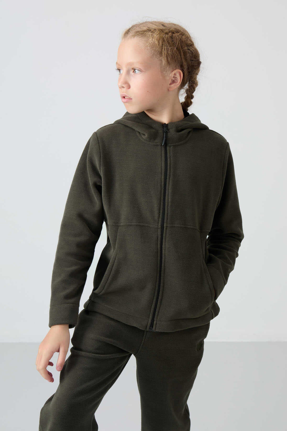 Tommylife Wholesale 7-15 Age Hooded Regular Fit Girls' Fleece Sweatshirt 75152 Khaki