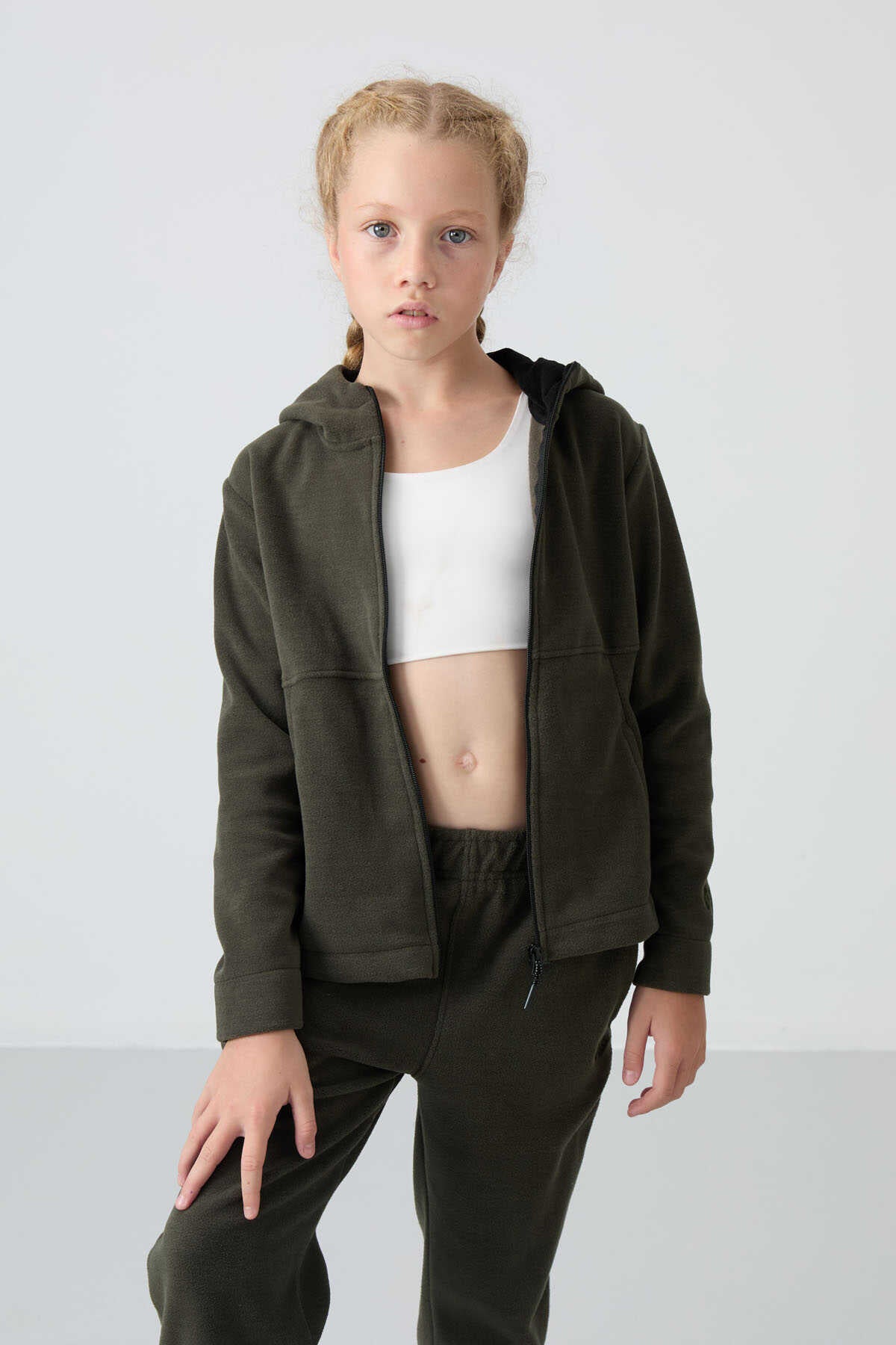 Tommylife Wholesale 7-15 Age Hooded Regular Fit Girls' Fleece Sweatshirt 75152 Khaki