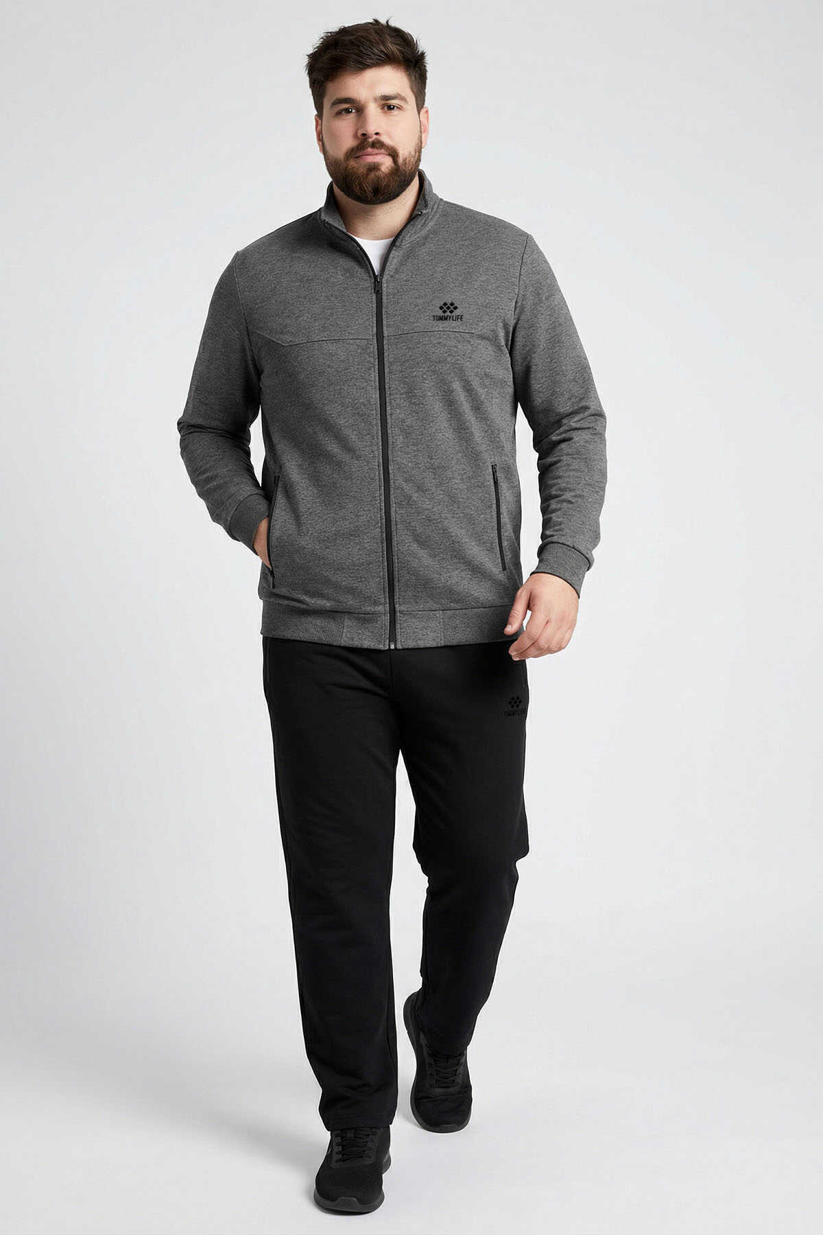 Tommylife Wholesale Gray Mélange - Black Stand-Up Collar Classic Leg Plus Size Men's Tracksuit Set - 85176