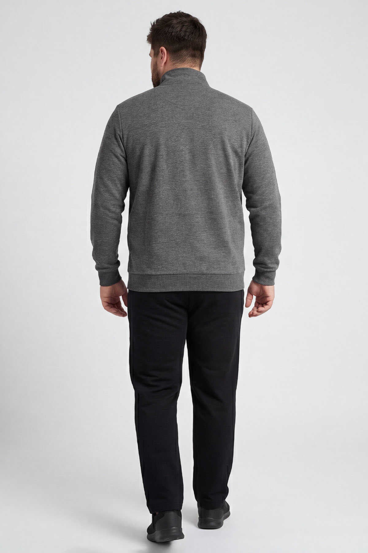 Tommylife Wholesale Gray Mélange - Black Stand-Up Collar Classic Leg Plus Size Men's Tracksuit Set - 85176