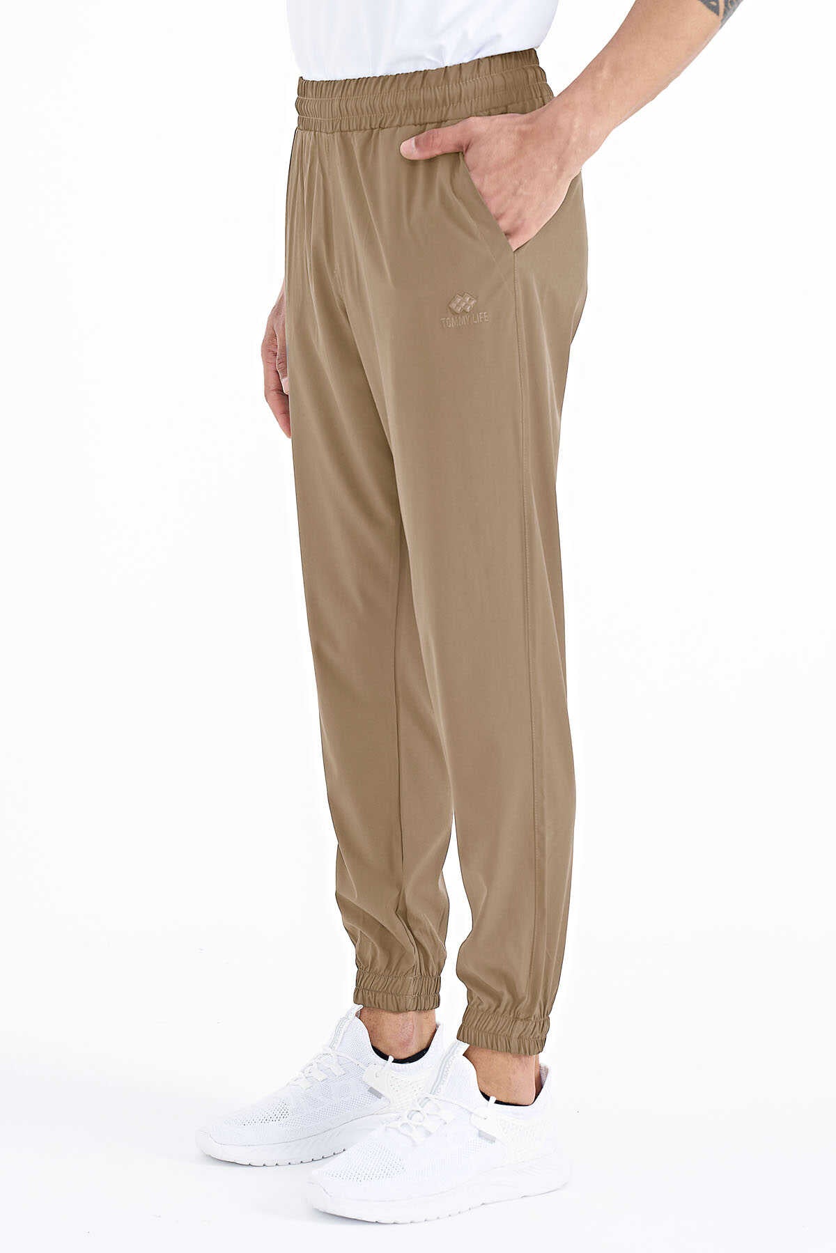 Tommylife Wholesale Beige Men's Basic Pocketed Drawstring Relaxed Fit Cuffed Joggers - 84826