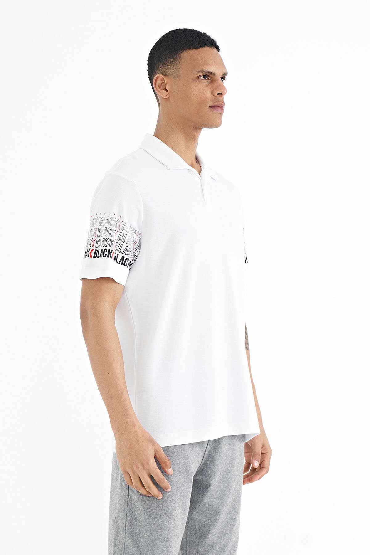 Tommylife Wholesale White Polo Neck Standard Fit Men's T-Shirt with Sleeve Print Detail - 88240