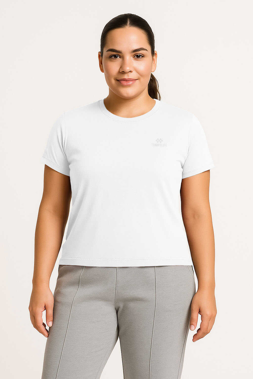 Tommylife Wholesale White Crew Neck Basic Plus Size Women's T-Shirt - 97308